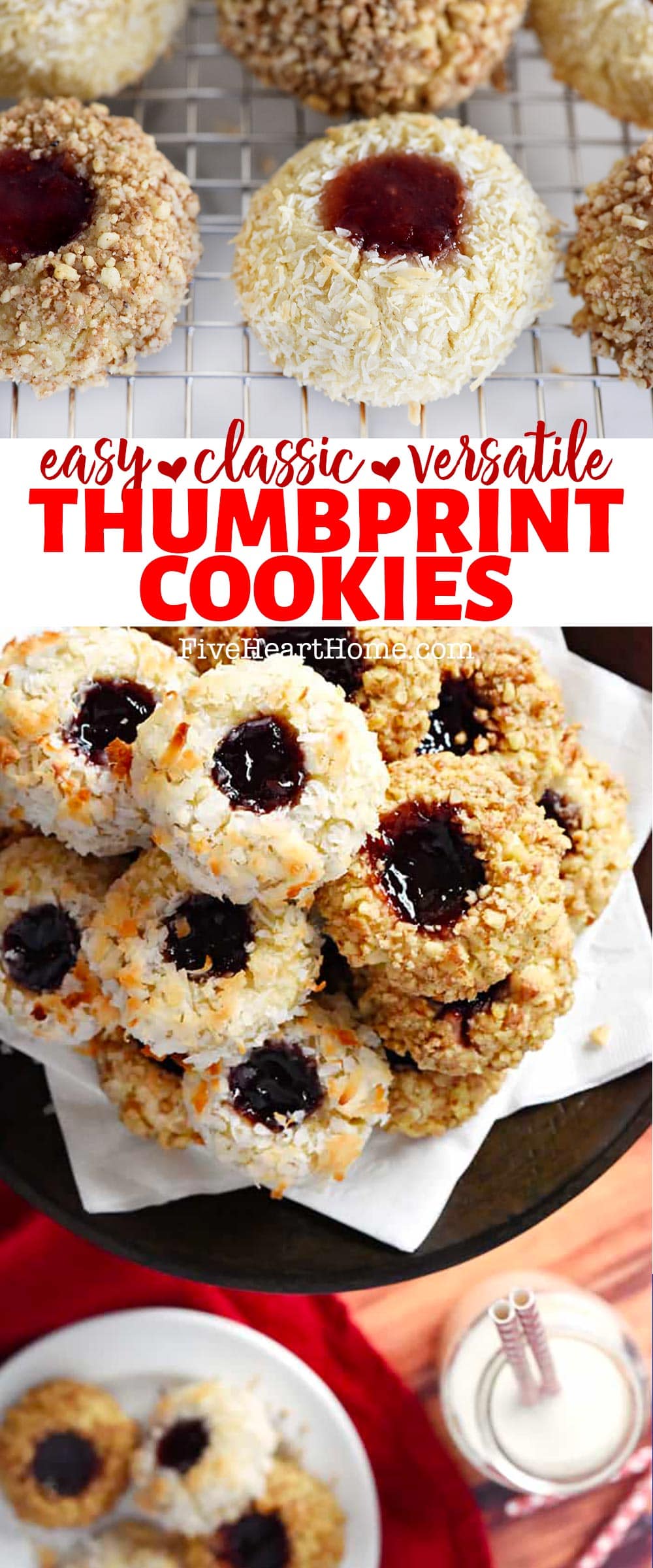Jam Thumbprint Cookies ~ simple and classic cookies that are lightly sweet with an almost shortbread-like texture, a versatile coating of toasty coconut or chopped pecans, and a fruity center of your favorite jelly or jam! | FiveHeartHome.com via @fivehearthome