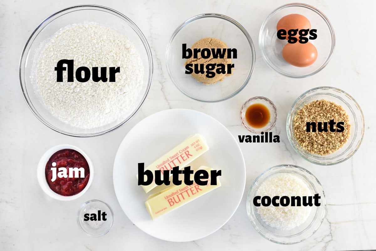 Labeled ingredients to make Jam Thumbprint Cookies.
