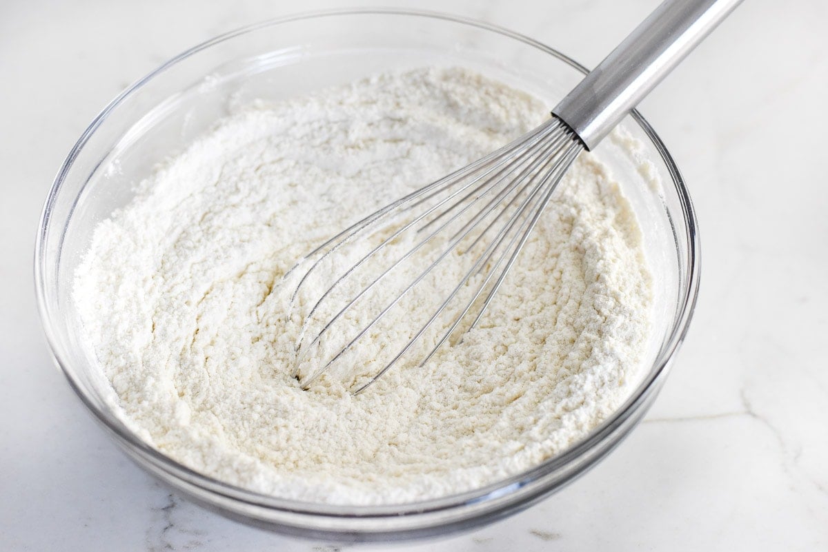 Dry ingredients whisked in bowl.