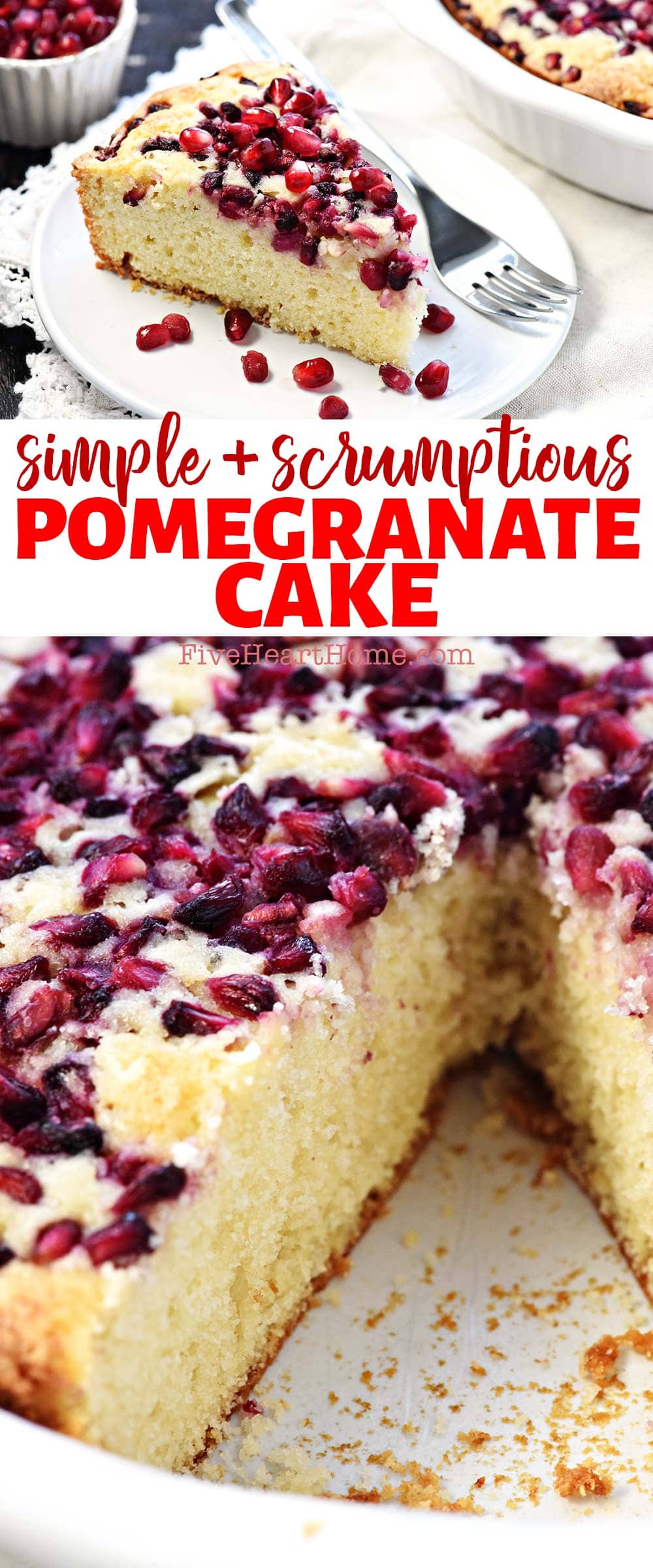 Pomegranate Cake ~ this easy and delicious recipe features a simple golden batter topped with juicy pomegranate arils, baked to sweet and tender perfection! | FiveHeartHome.com via @fivehearthome