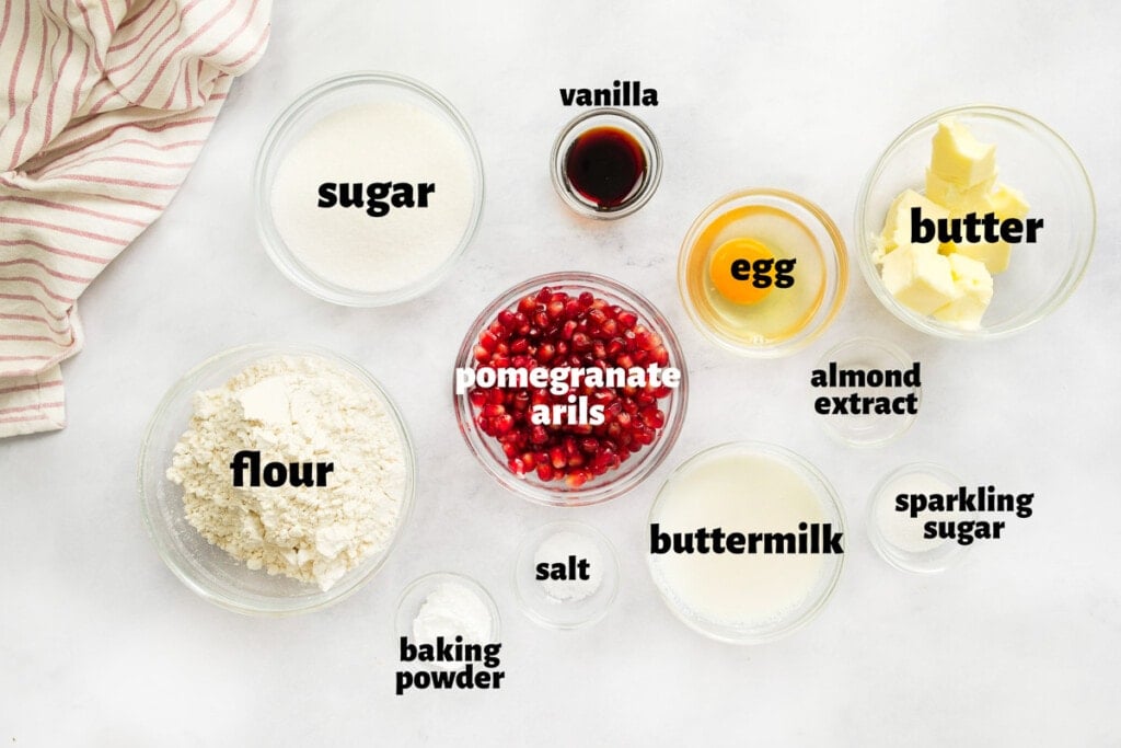 Labeled ingredients to make Pomegranate Cake.