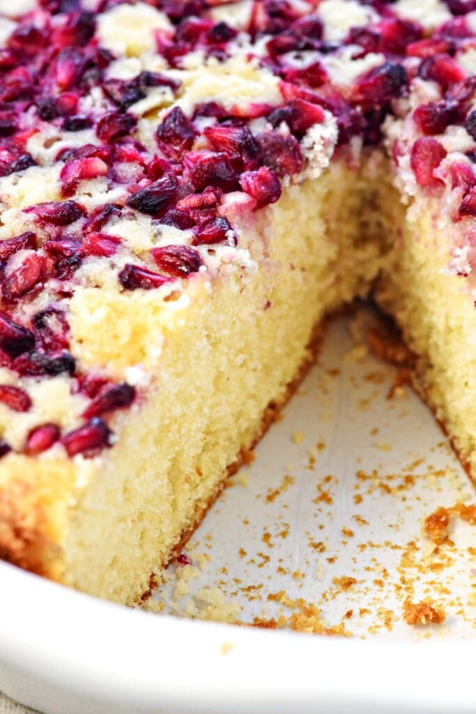 Pomegranate Cake recipe with missing slice.
