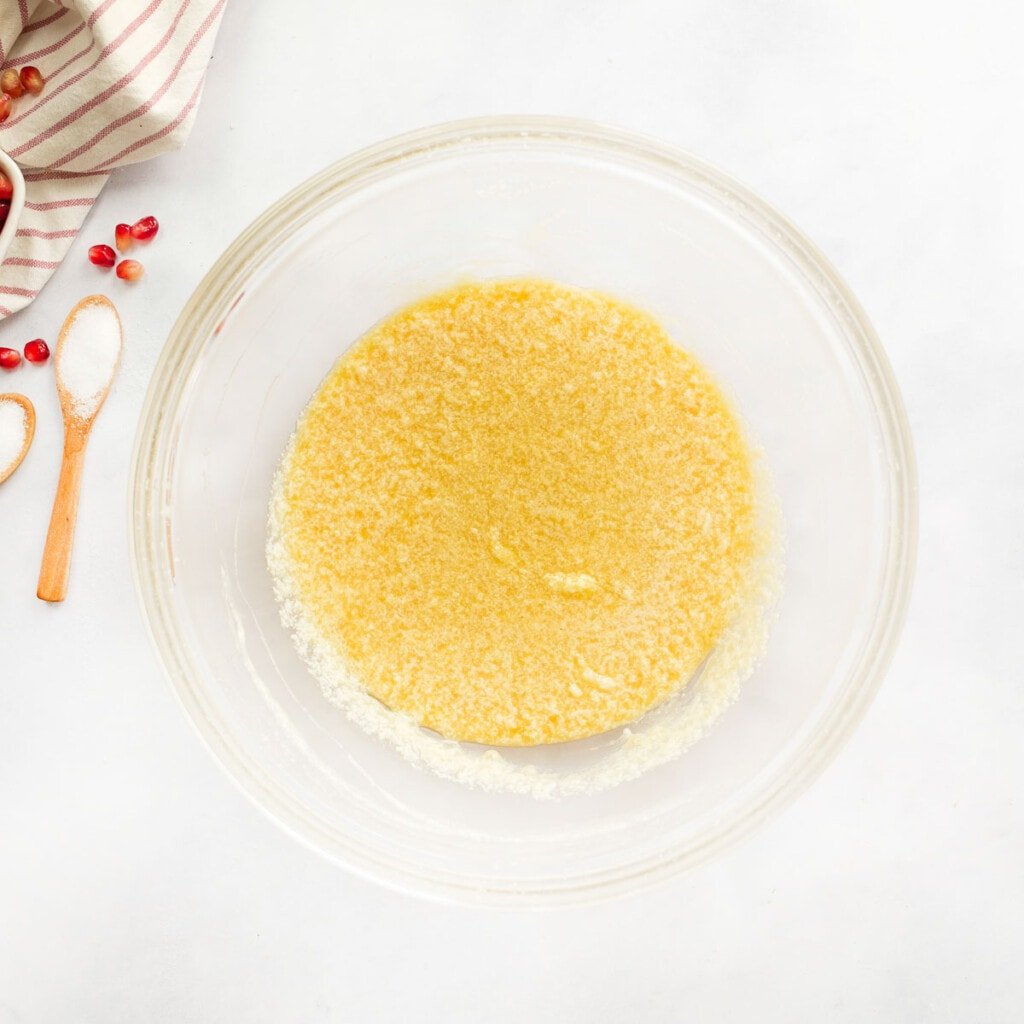 Wet ingredients blended into butter.