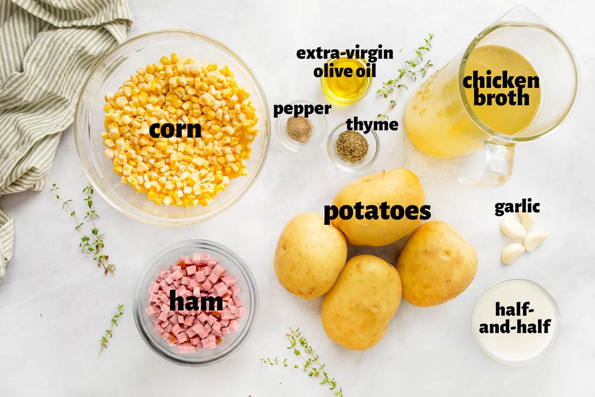 Labeled ingredients to make potato corn chowder recipe.