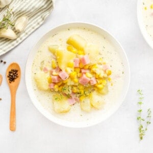 Aerial view of Potato Corn Chowder in white bowl.