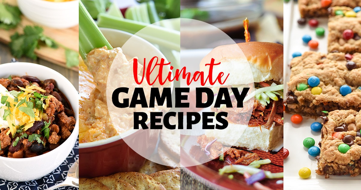 Game Day Food, rectangular collage with four photos and text, showing dips, appetizers, chili, soup, sandwiches, tacos, desserts, and more, perfect for tailgating, football watch parties, or the Super Bowl.