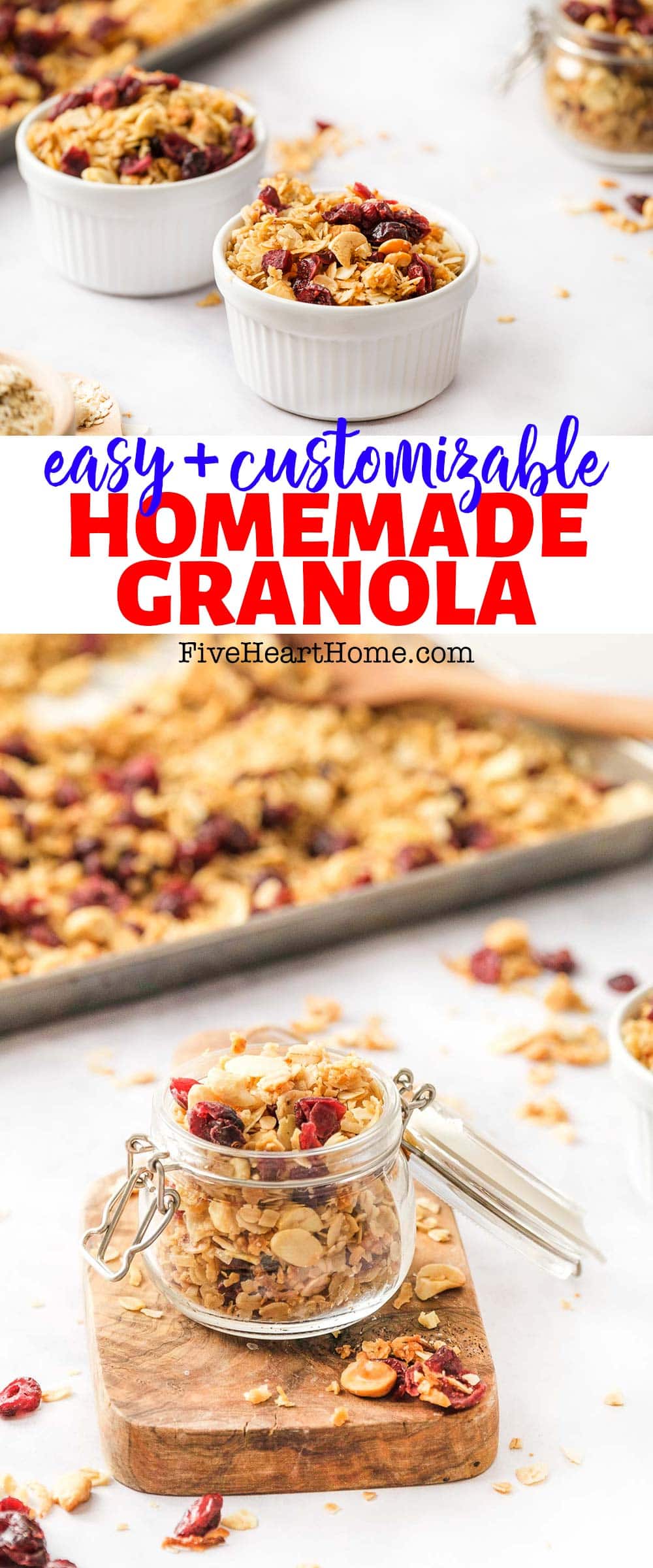Homemade Granola ~ wholesome, delicious, easy to make, and easy to customize with just a handful of real ingredients, including chewy oats, your favorite nuts, coconut flakes, your choice of oil, and naturally sweetened with honey! | FiveHeartHome.com via @fivehearthome