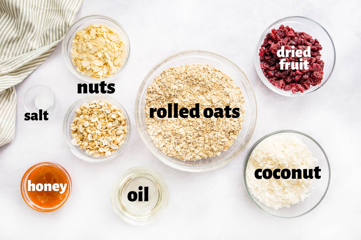 Labeled ingredients to make granola recipe.