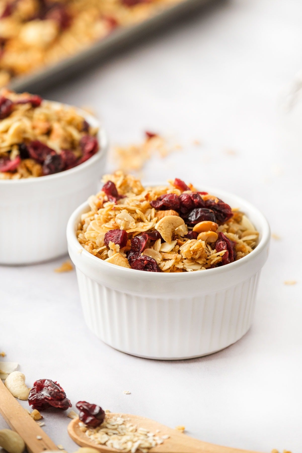 Healthy granola in white bowl.