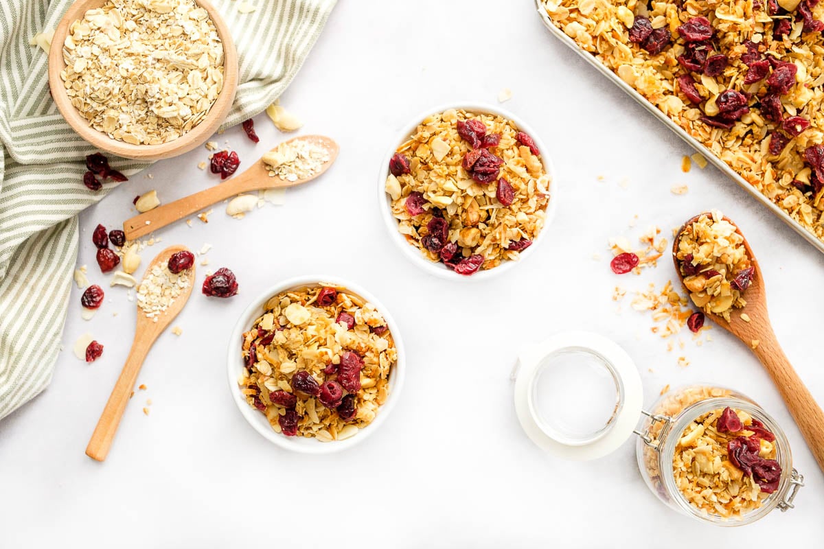 Granola cereal in two bowls.