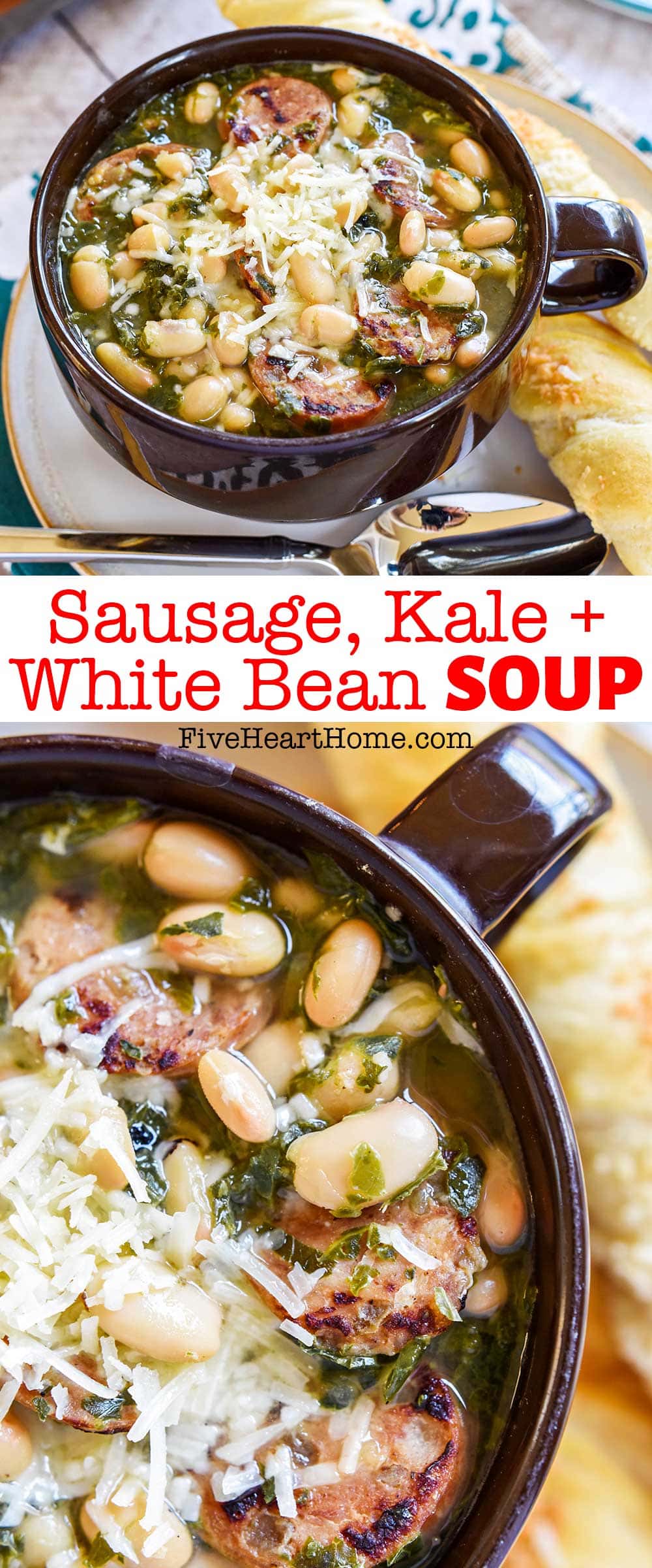 Sausage Kale White Bean Soup ~ a hearty, wholesome, cozy recipe that's full of flavor, loaded with vitamins, and easy to make in under 30 minutes! | FiveHeartHome.com via @fivehearthome