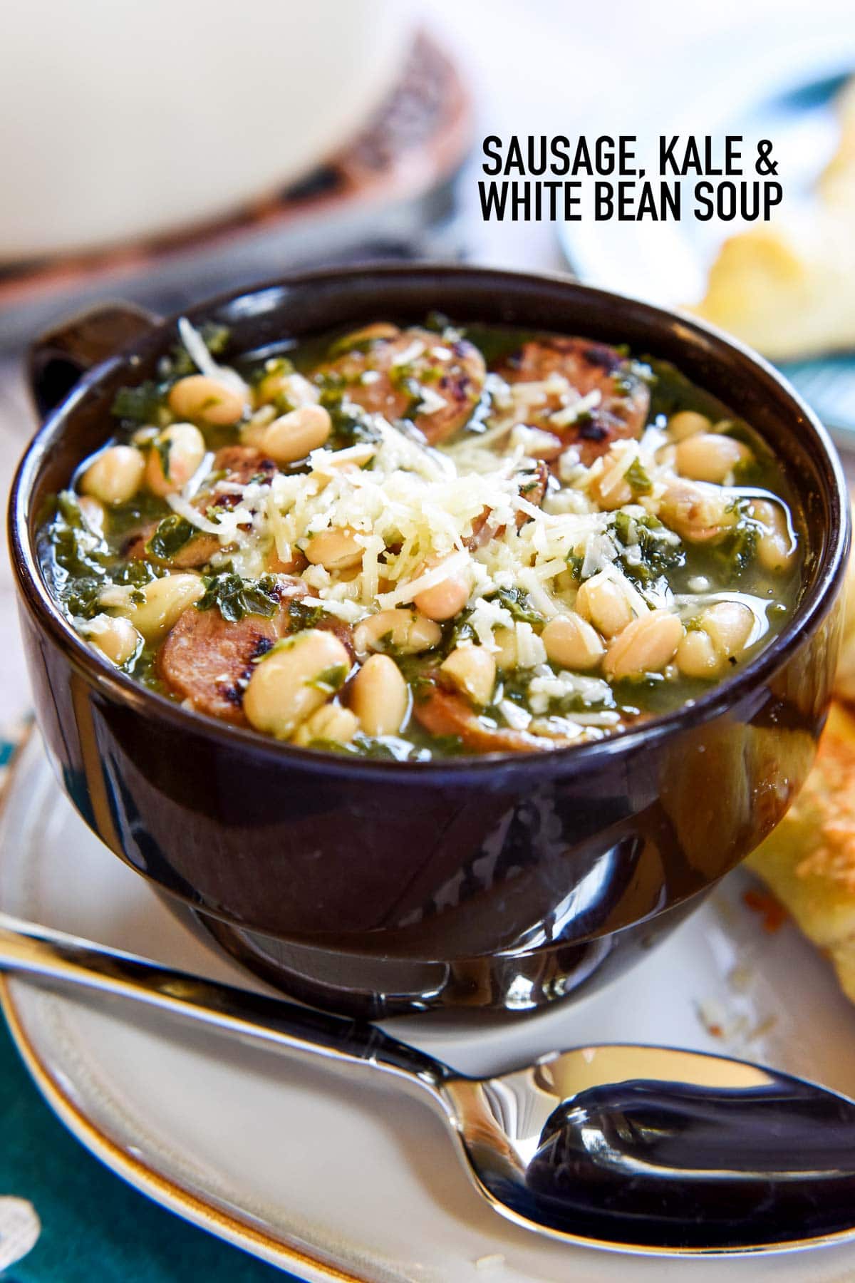 Sausage Kale White Bean Soup with text overlay.