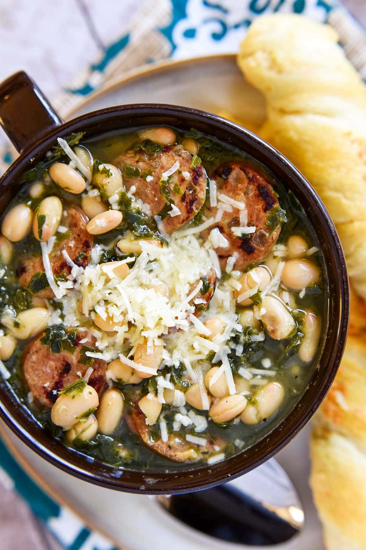 Aerial view of Sausage Kale White Bean Soup.