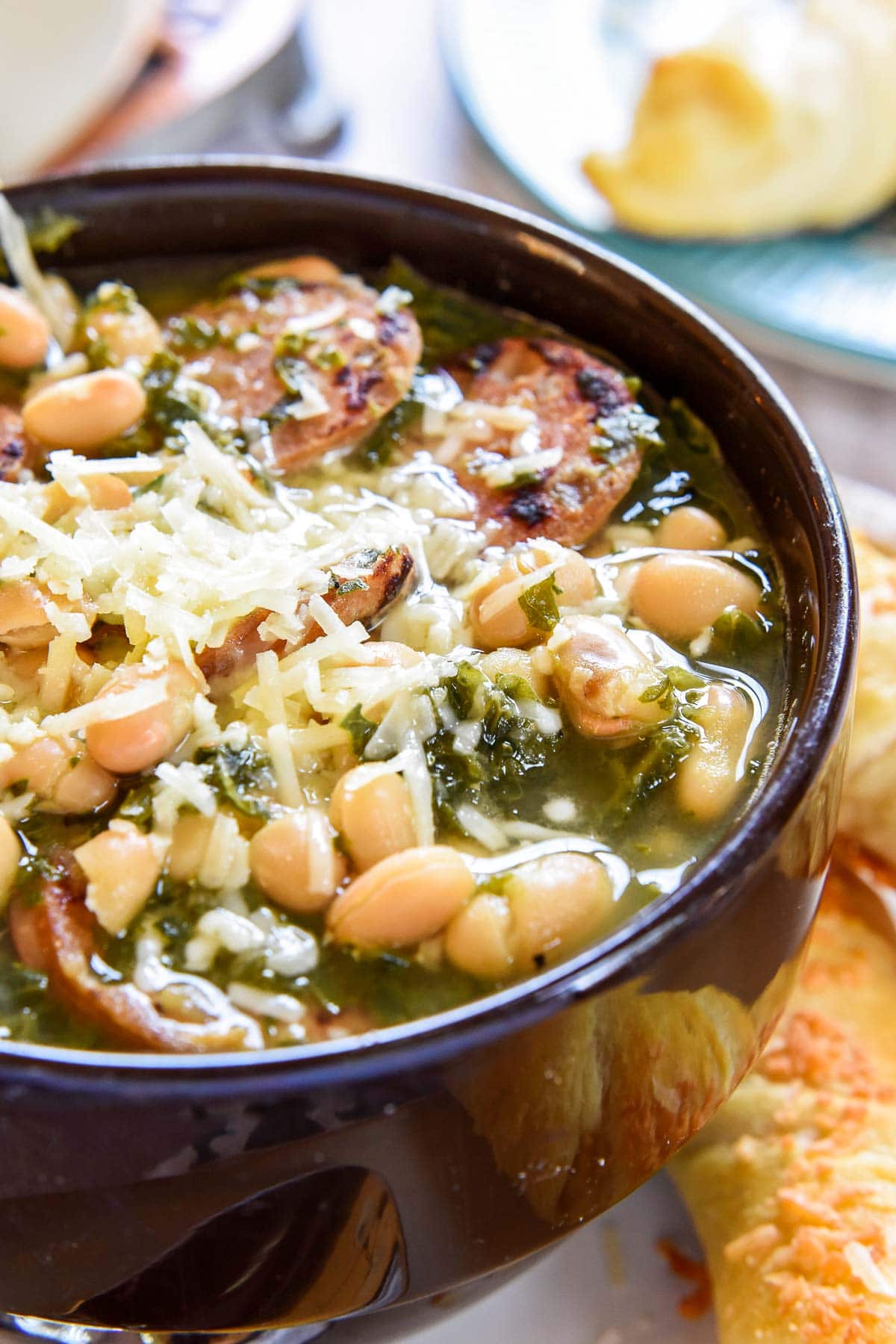 Close-up of Sausage Kale White Bean Soup.