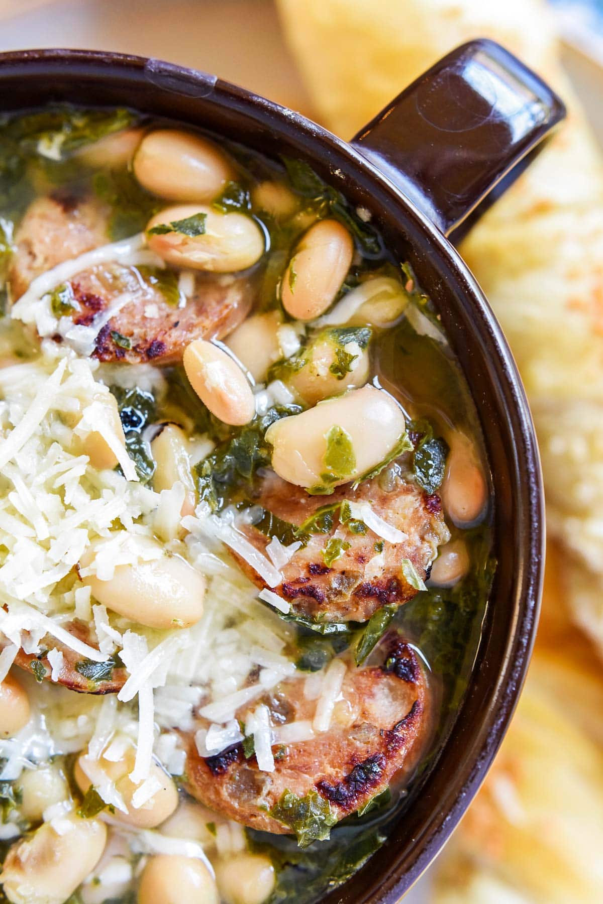 Aerial close-up of White Bean Kale Soup.