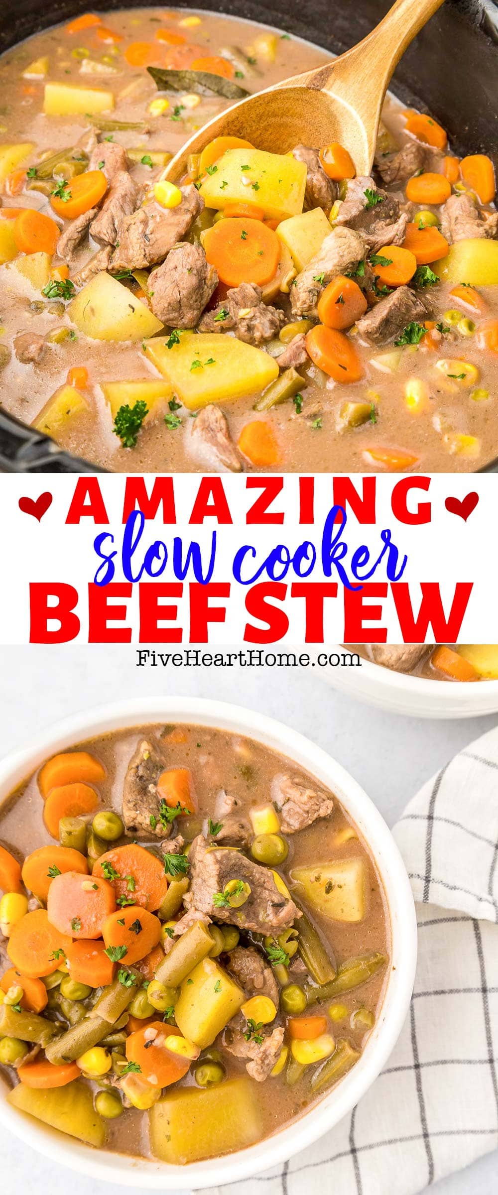 Easy Crock Pot Beef Stew ~ comforting,  delicious, and effortless to make in the slow cooker…loaded with vegetables, seasoned with herbs, and enhanced with a special ingredient for deep, savory flavor! | FiveHeartHome.com via @fivehearthome