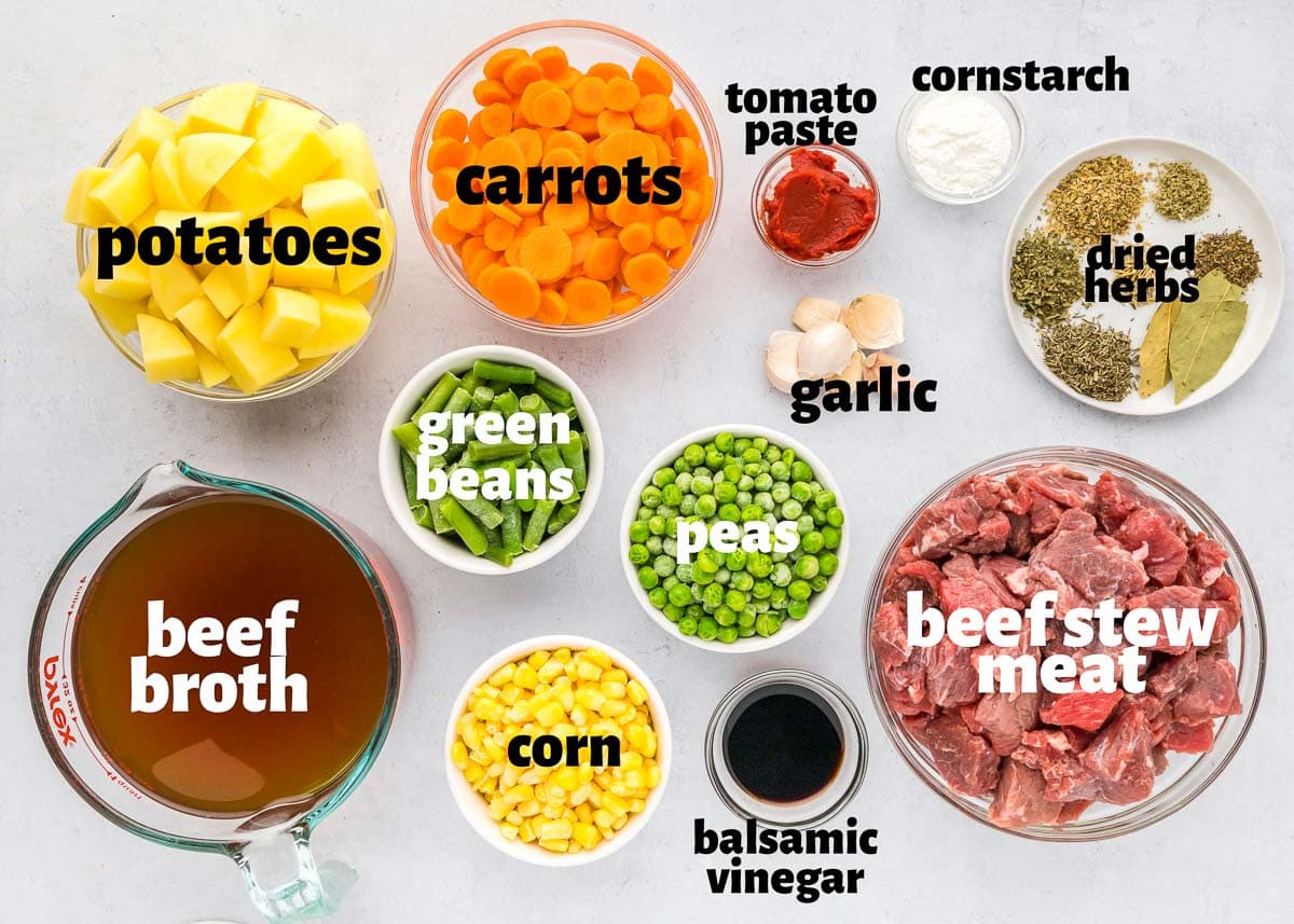 Labeled ingredients to make Crock Pot Beef Stew.