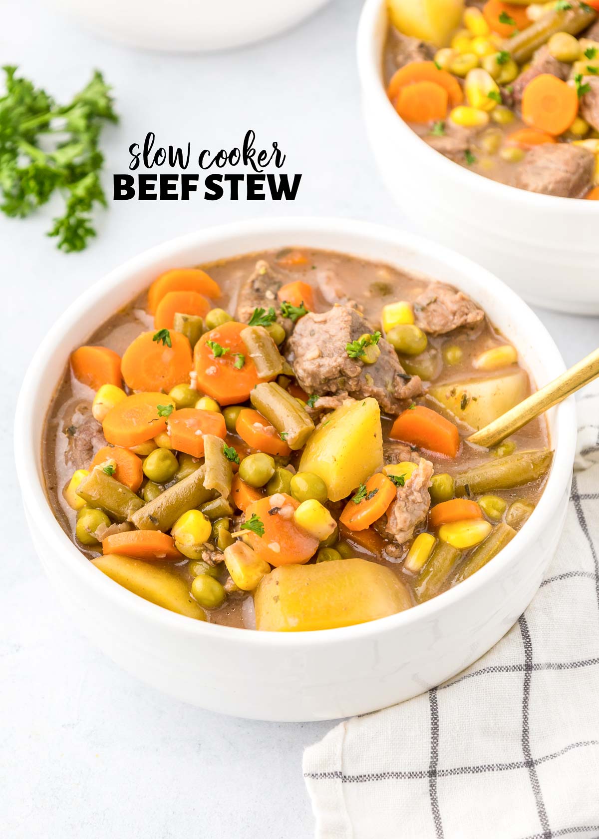 Bowl of Crock Pot Beef Stew with text overlay of Slow Cooker Beef Stew.