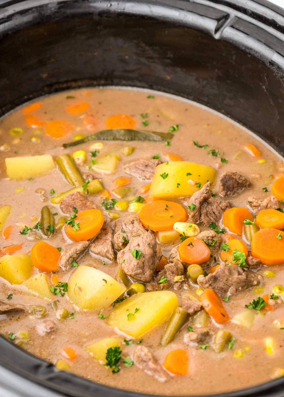 Beef stew crock pot recipe in slow cooker.