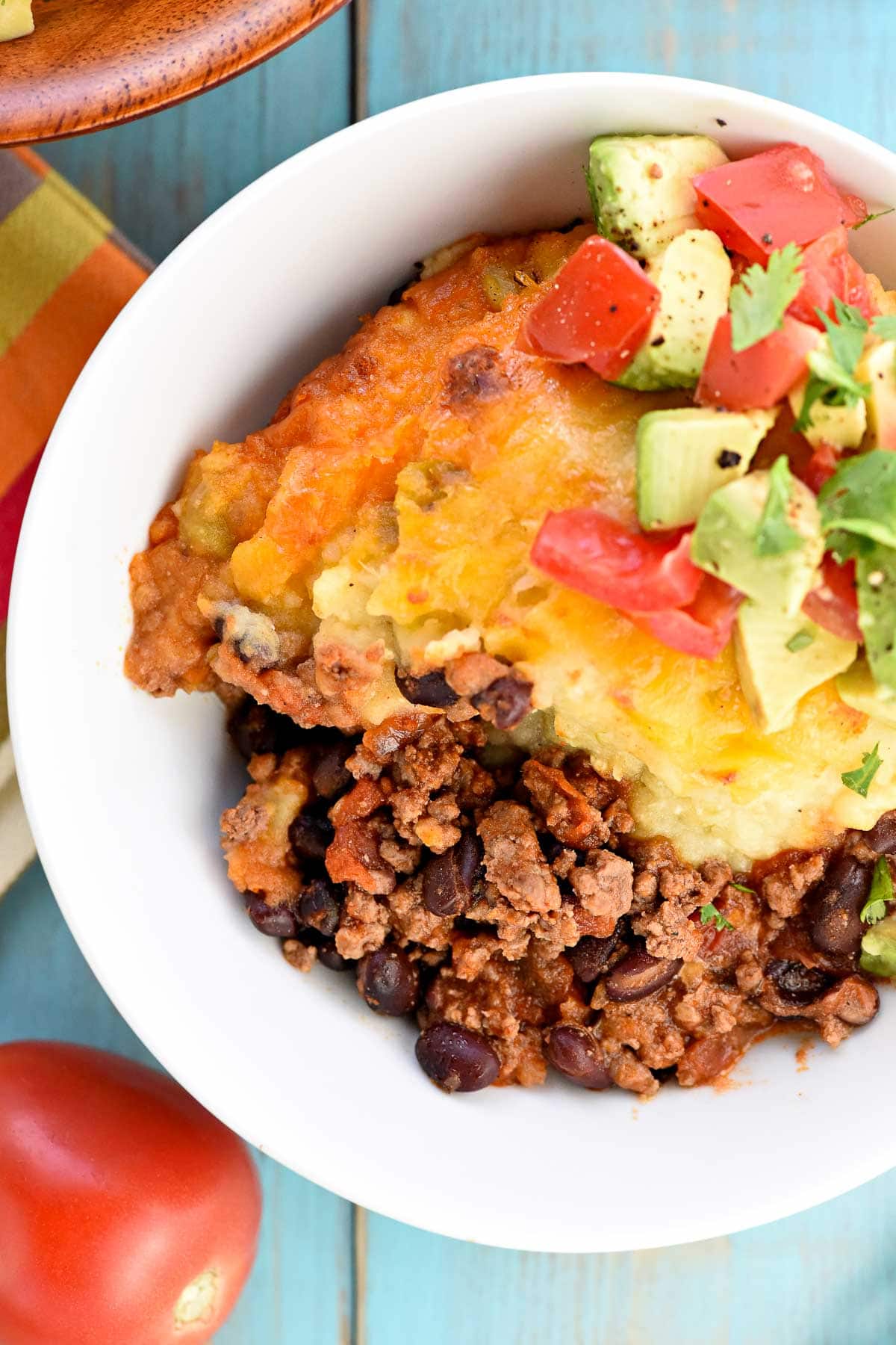 Aerial view of Taco Bake in bowl.