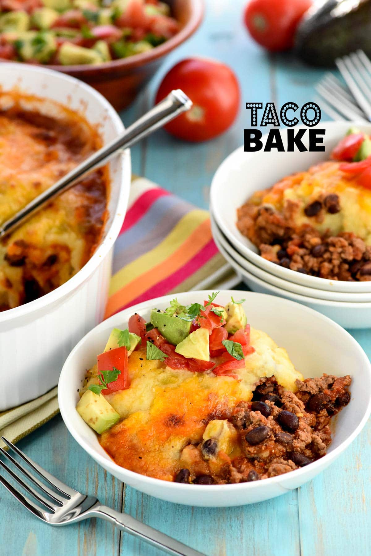 Taco Bake with text overlay.