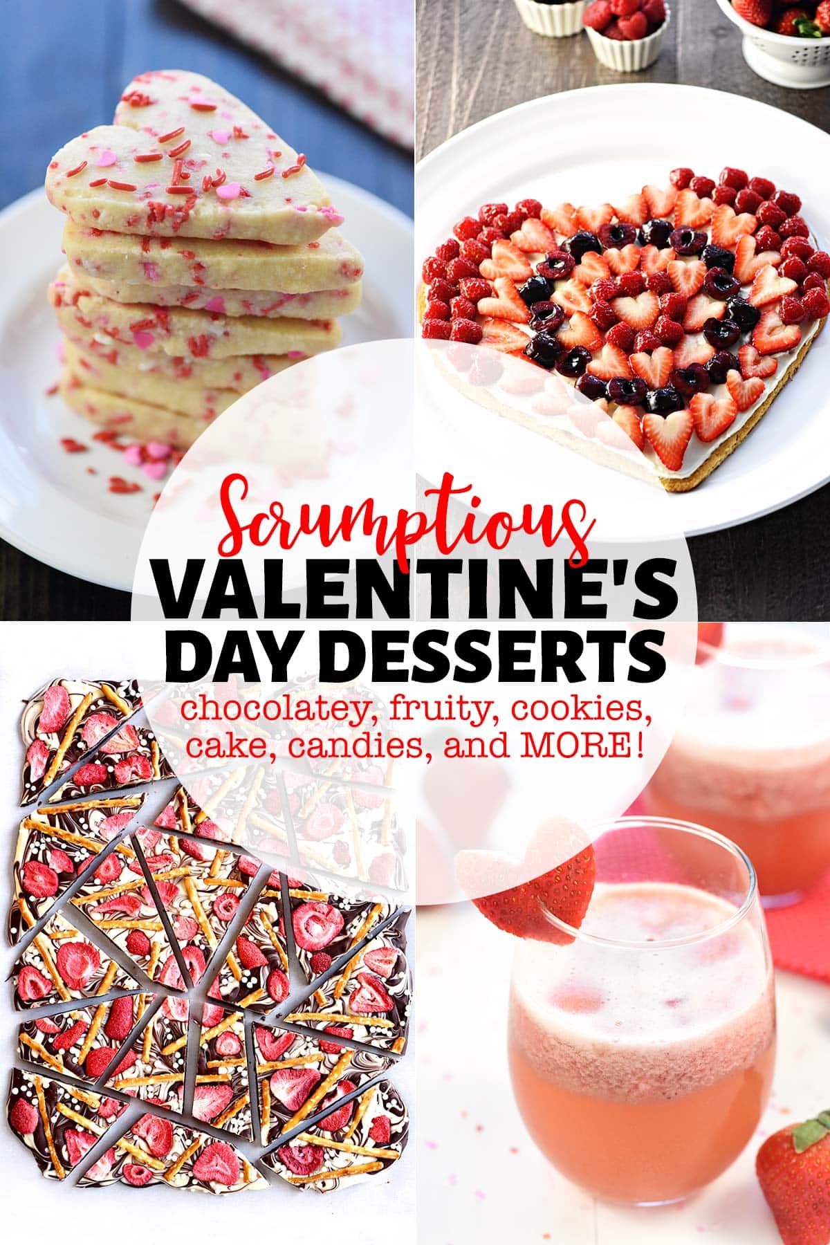 Valentine's Day Desserts, four-photo collage with text showing valentines desserts and other valentines day recipes.