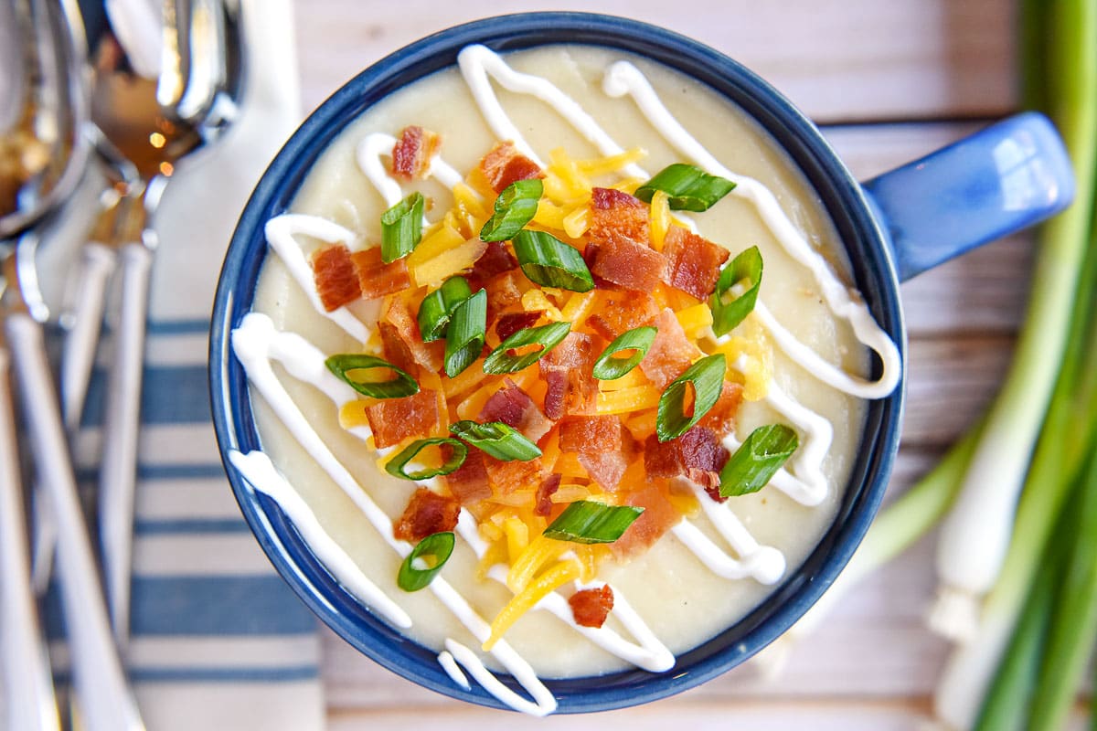 Aerial view of Loaded Baked Potato Soup.