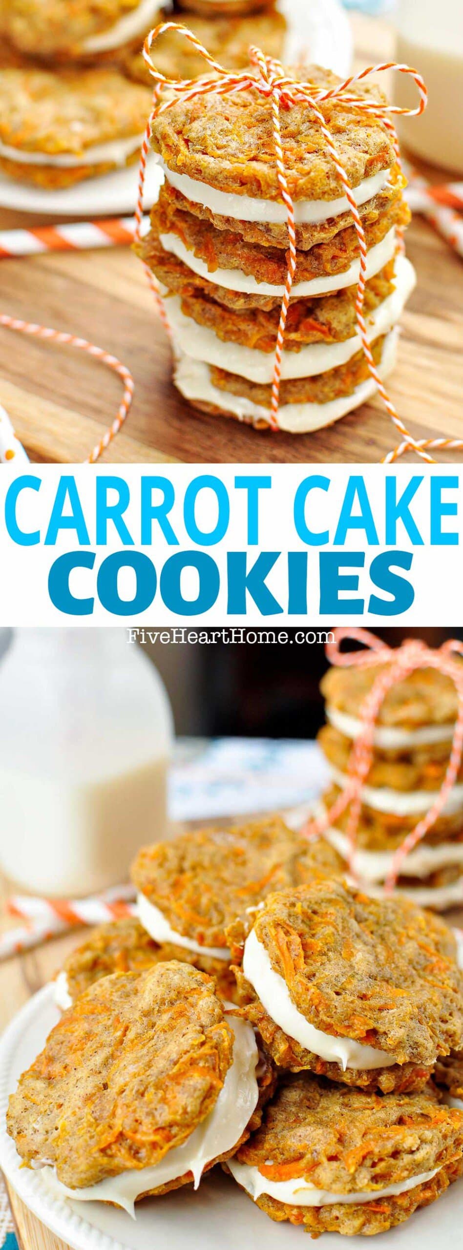 Carrot Cake Cookies ~ mini carrot cake sandwich cookies (like whoopie pies!) are filled with cream cheese frosting to make an easy, hand-held spring or Easter dessert! | FiveHeartHome.com via @fivehearthome