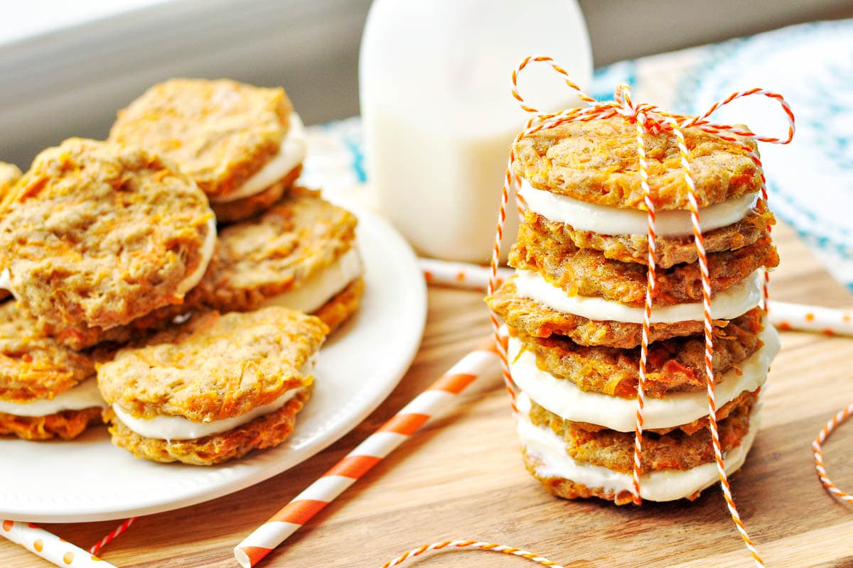 Carrot Cake Cookies on a plate and in a stack.