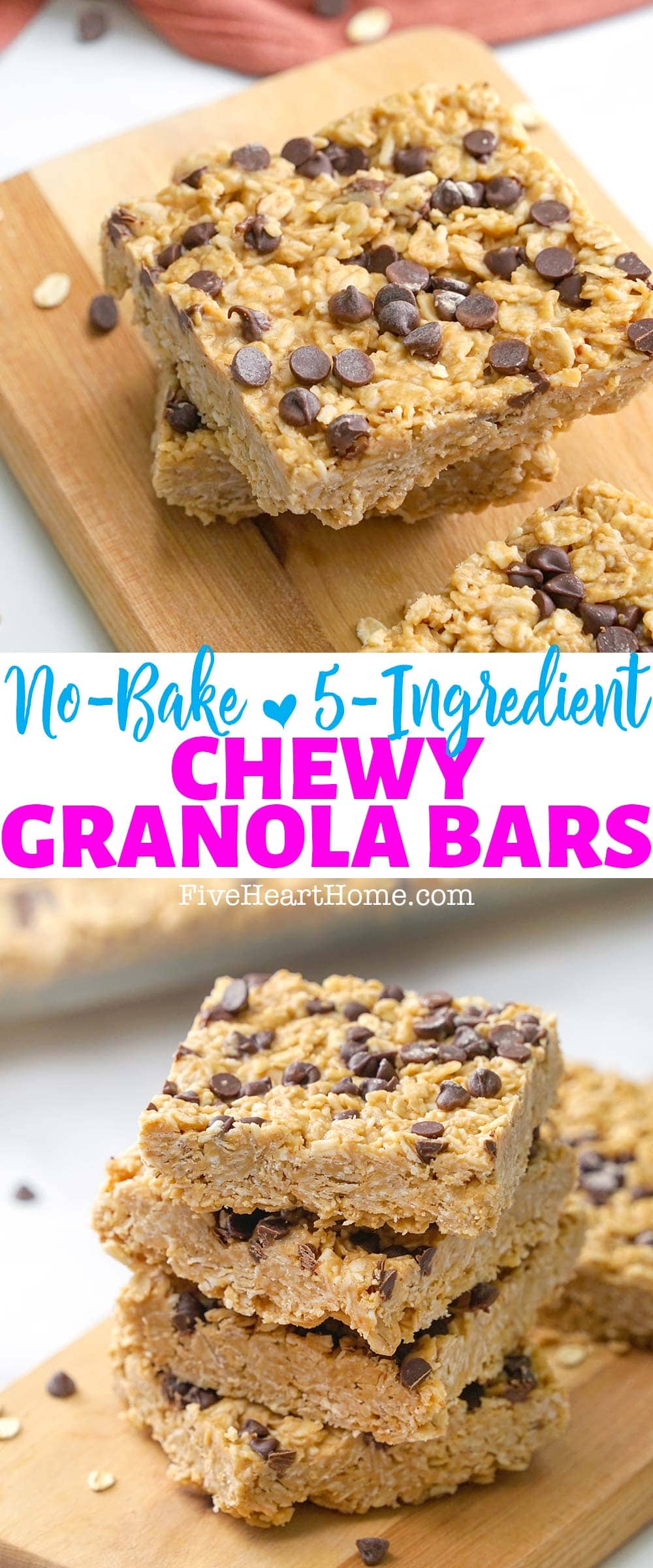 Chewy Granola Bars ~ this chewy granola bar recipe is easy to make, no-bake, and can be whipped up in a matter of minutes with just FIVE real ingredients including wholesome oats, your favorite type of nut butter, superfood coconut oil, and honey as a natural sweetener! | FiveHeartHome.com via @fivehearthome