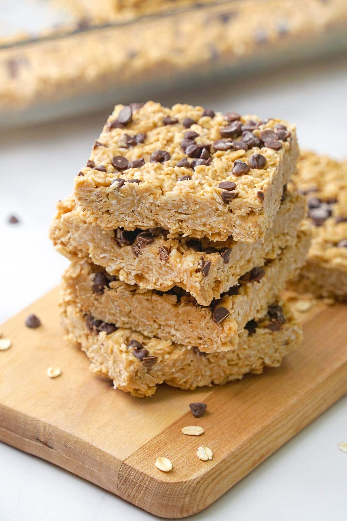 Stack of chewy chocolate chip granola bars.