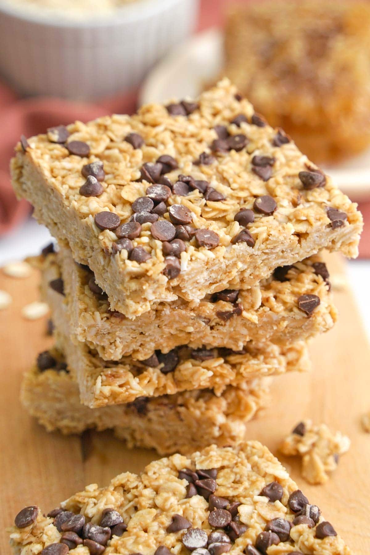Homemade Chewy Granola Bars close-up on board.