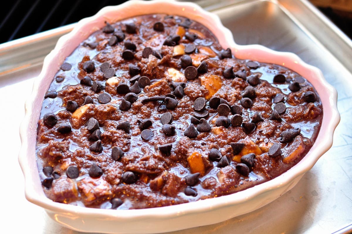 Chocolate Bread Pudding recipe, ready for oven.