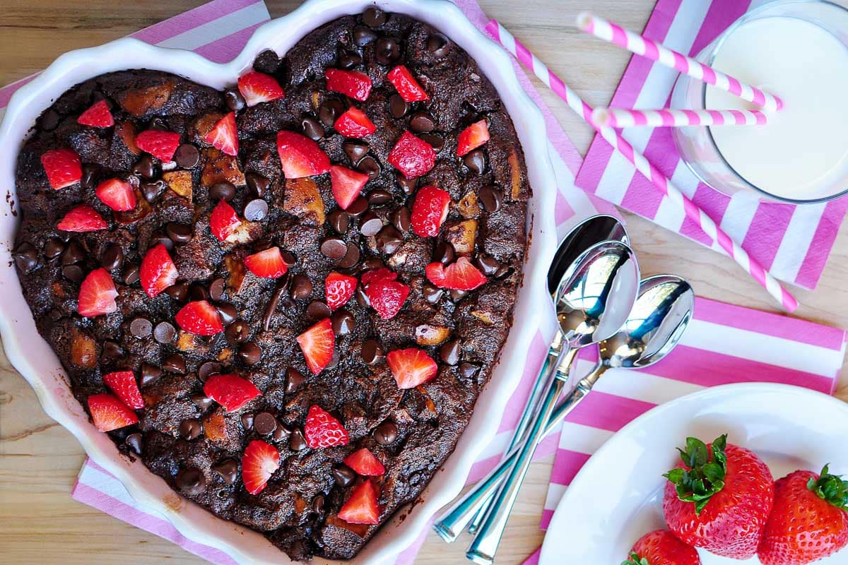 Chocolate Bread Pudding with strawberries on top.