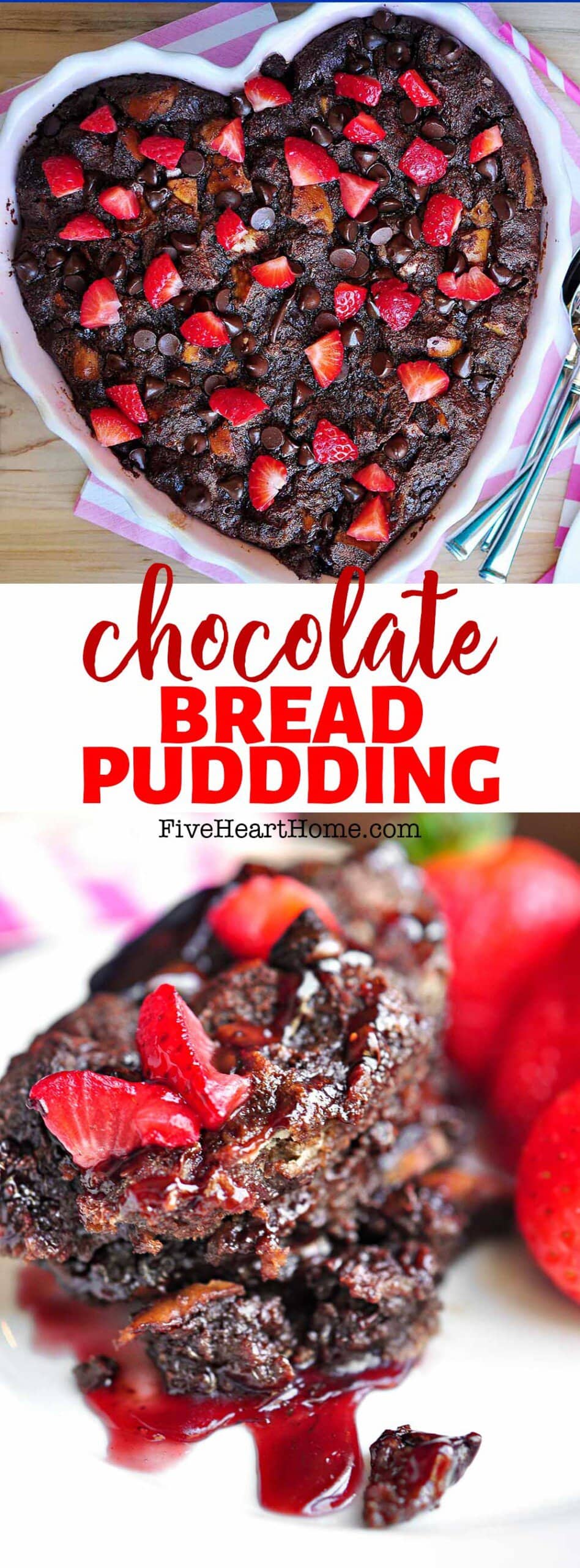 Chocolate Bread Pudding ~ a warm and decadent dessert of bread cubes soaked in a rich chocolate custard and then layered with more chocolate before being baked and served warm with a drizzle of raspberry sauce! | FiveHeartHome.com via @fivehearthome