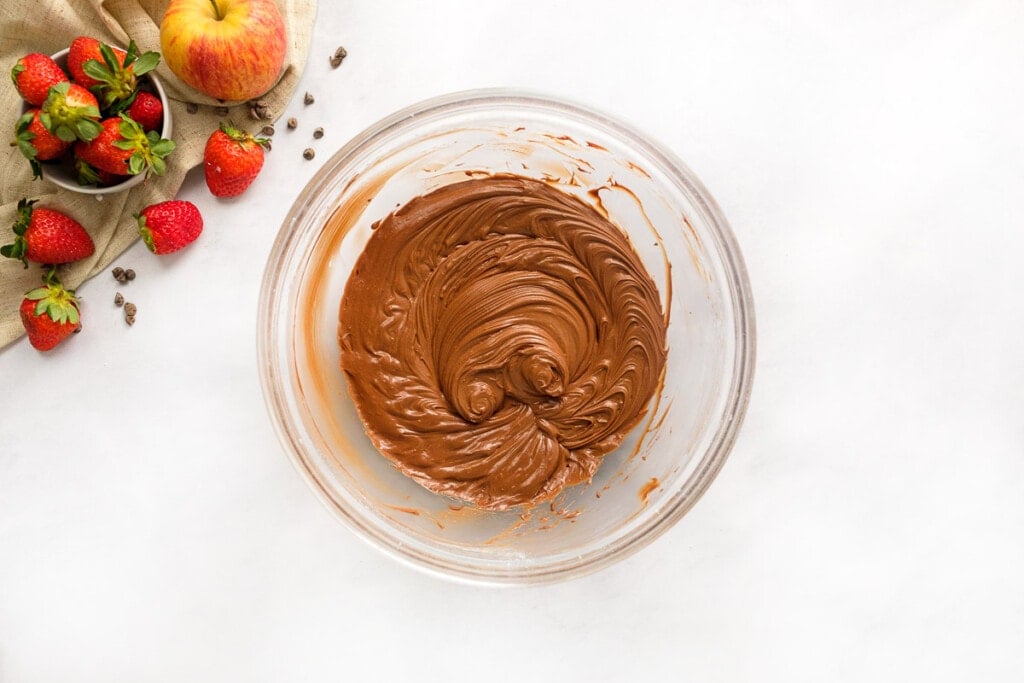 Chocolate Fruit Dip whipped in bowl after using electric mixer.