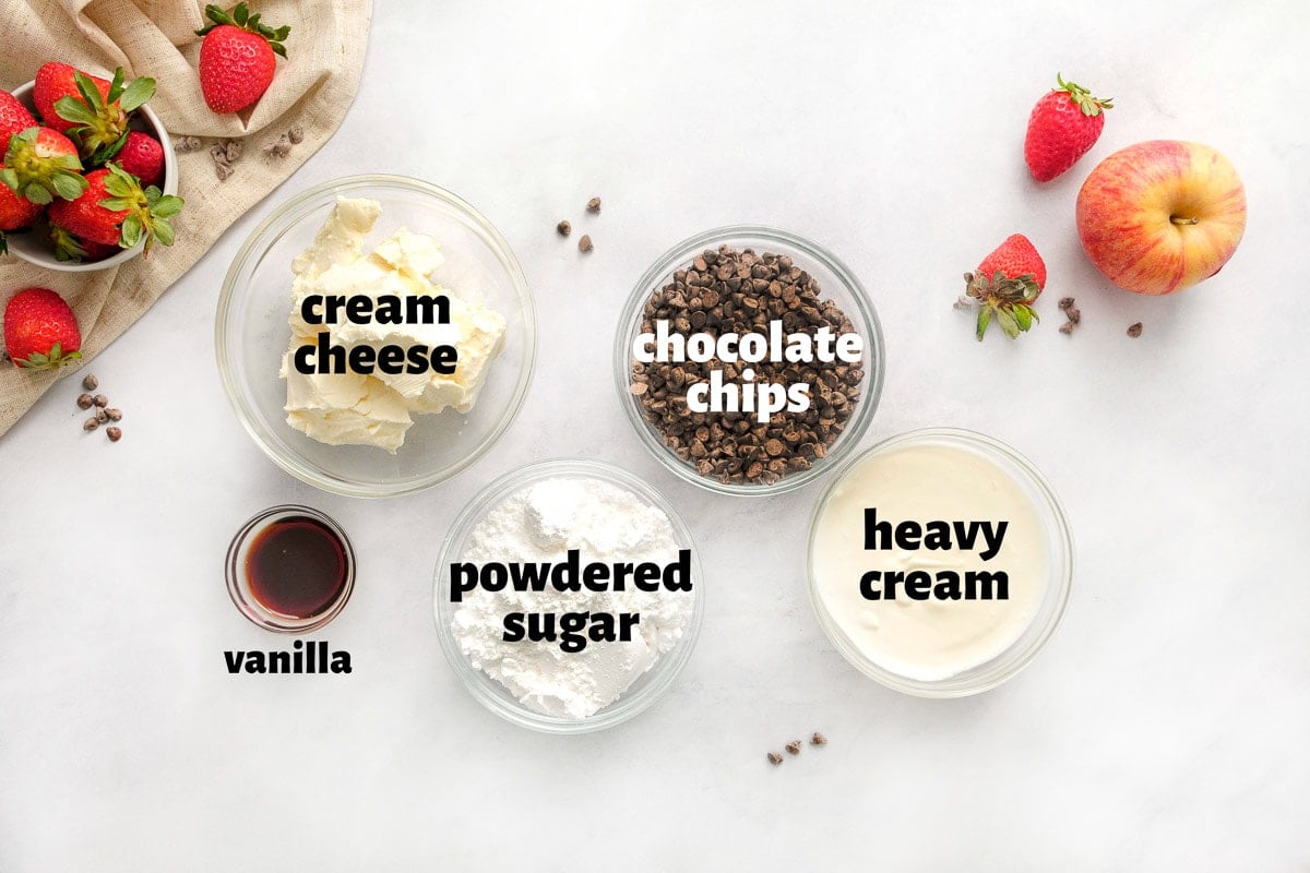 Labeled ingredients to make Chocolate Fruit Dip.