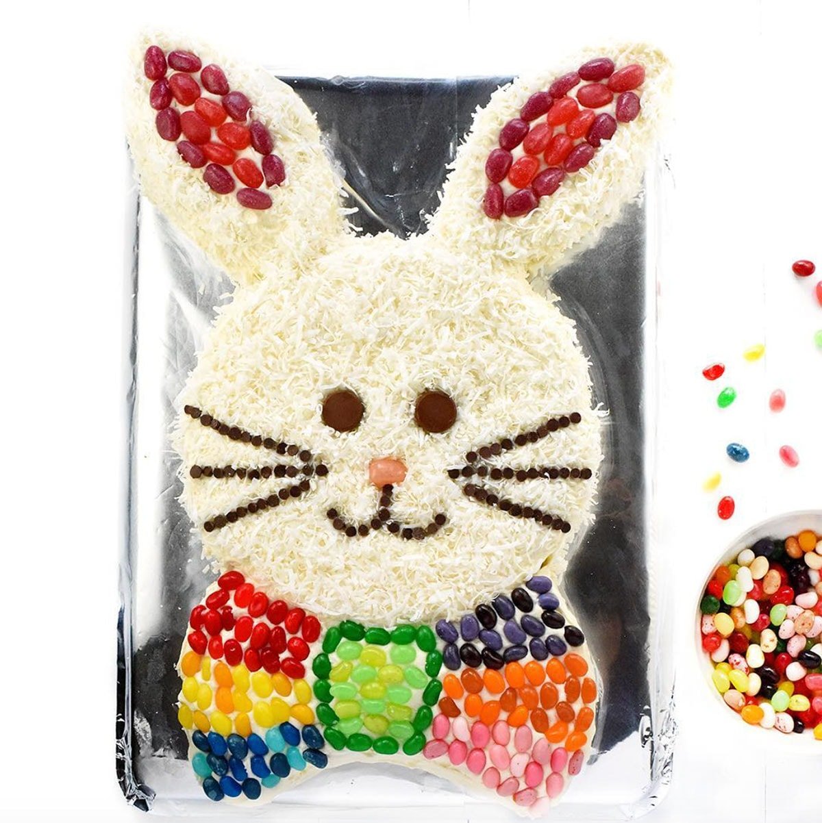Easy homemade Easter Bunny Cake, made from scratch and decorated with jelly beans.