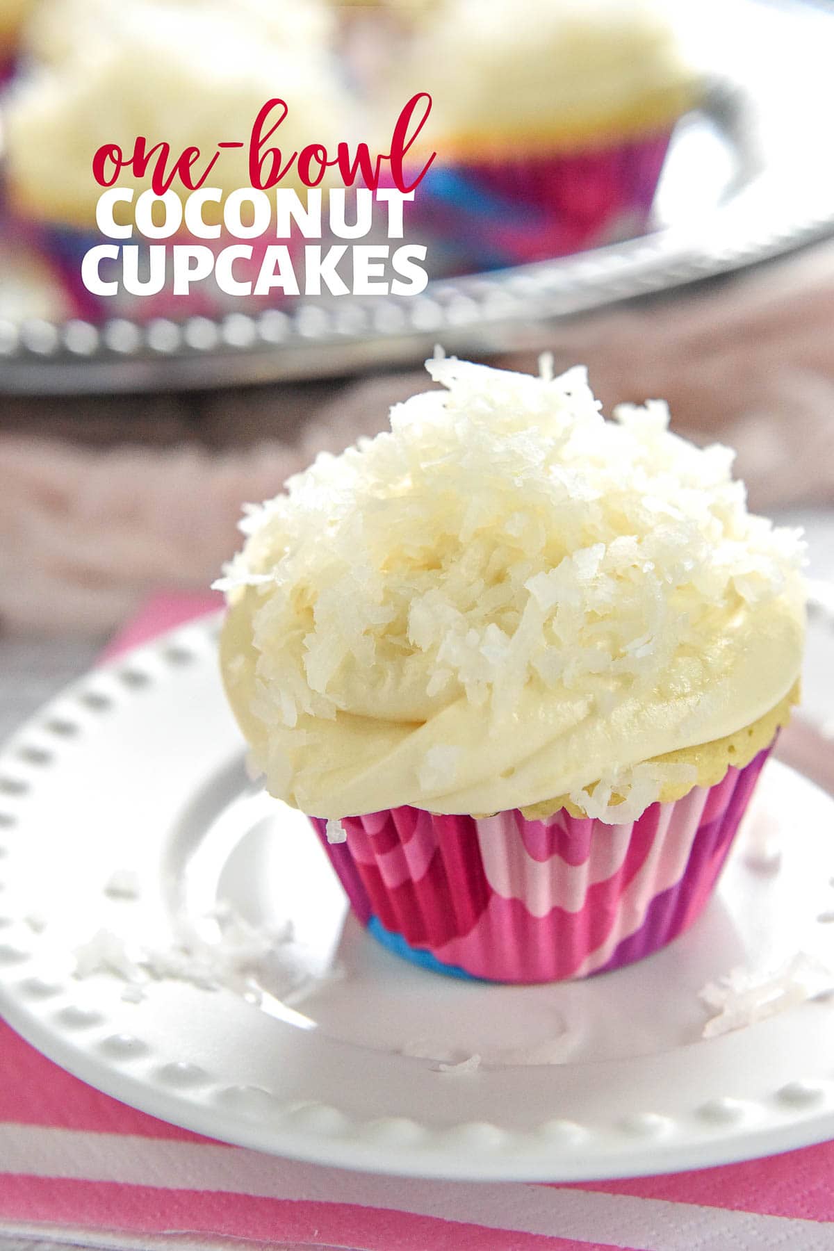 One bowl Coconut Cupcakes with text overlay.