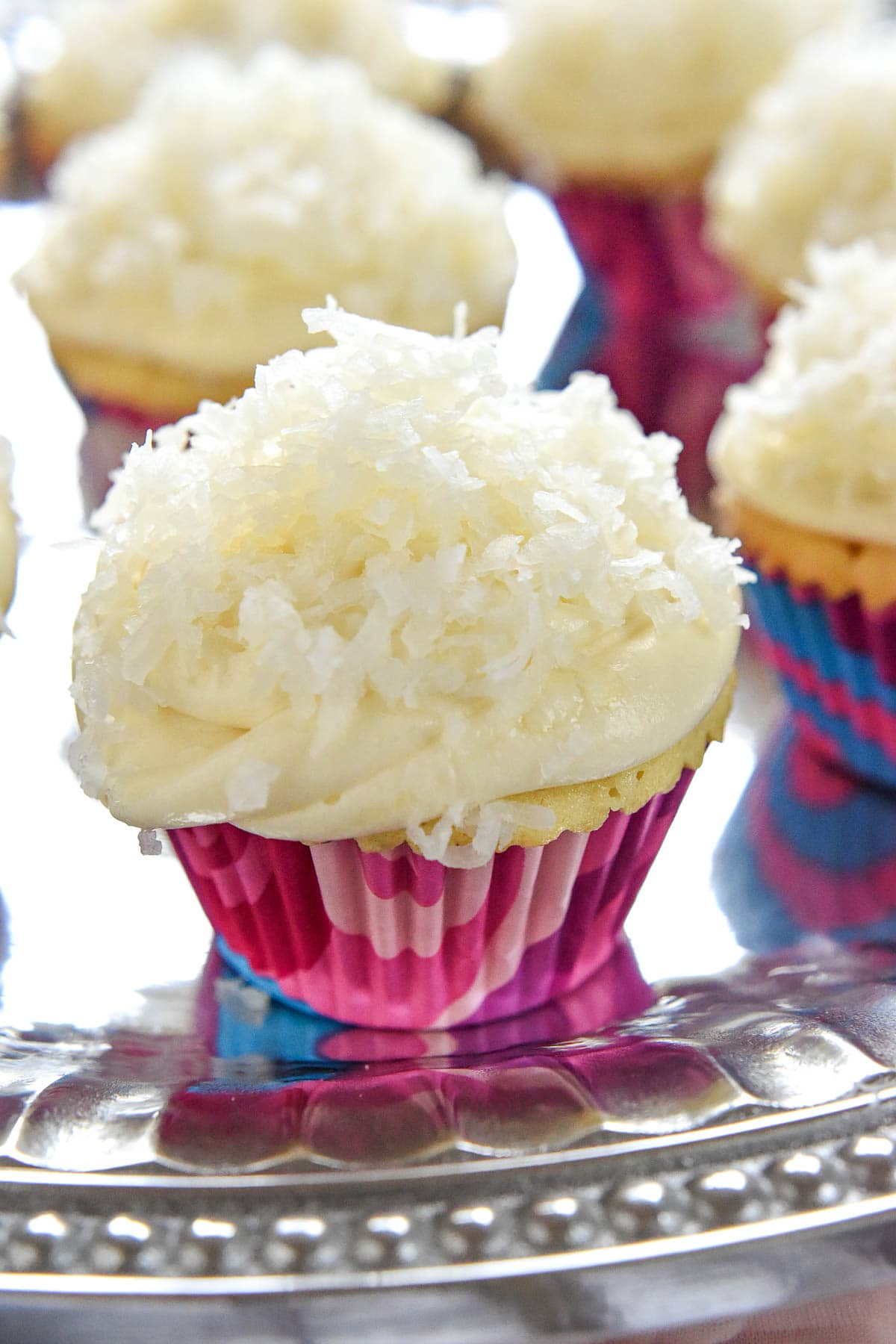 Coconut Cupcake recipe on pewter platter.