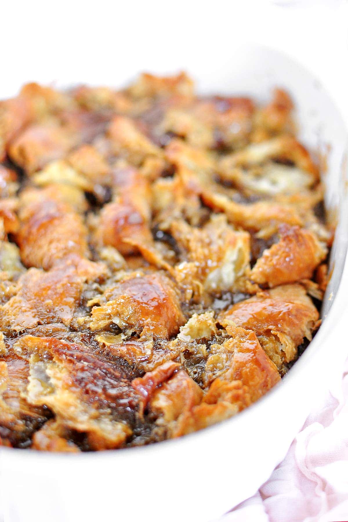 Croissant Bread Pudding in baking dish.