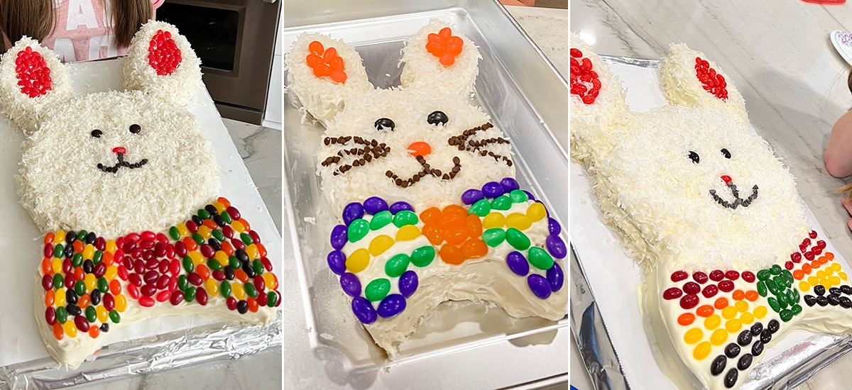 Examples of how to decorate an Easter Bunny Cake.