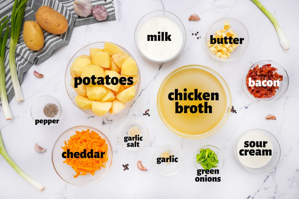 Labeled ingredients to make Baked Potato Soup.