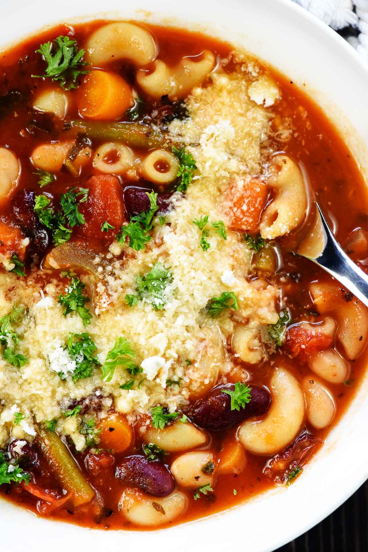 Aerial close-up of Olive Garden Minestrone Soup.