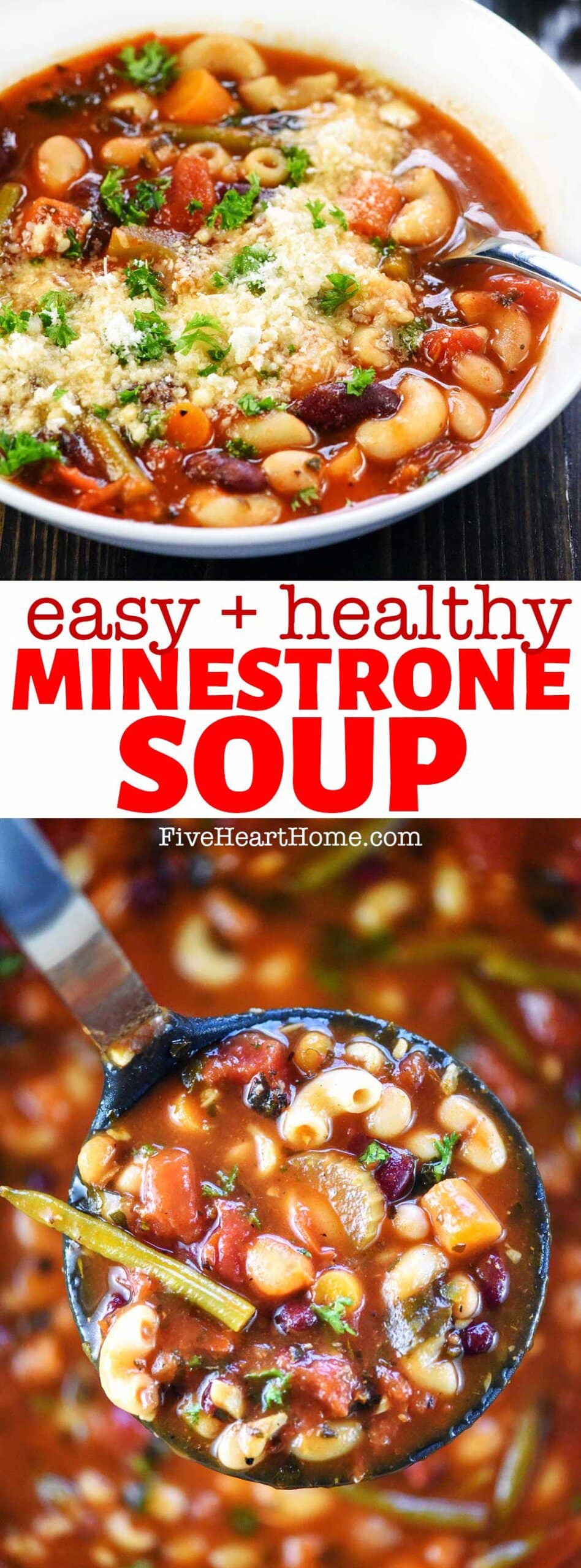 Minestrone Soup ~ a quick, easy, healthy minestrone soup recipe that's delicious, loaded with flavor, and simple to customize using your favorite vegetables…and it’s even better than Olive Garden minestrone soup! | FiveHeartHome.com via @fivehearthome