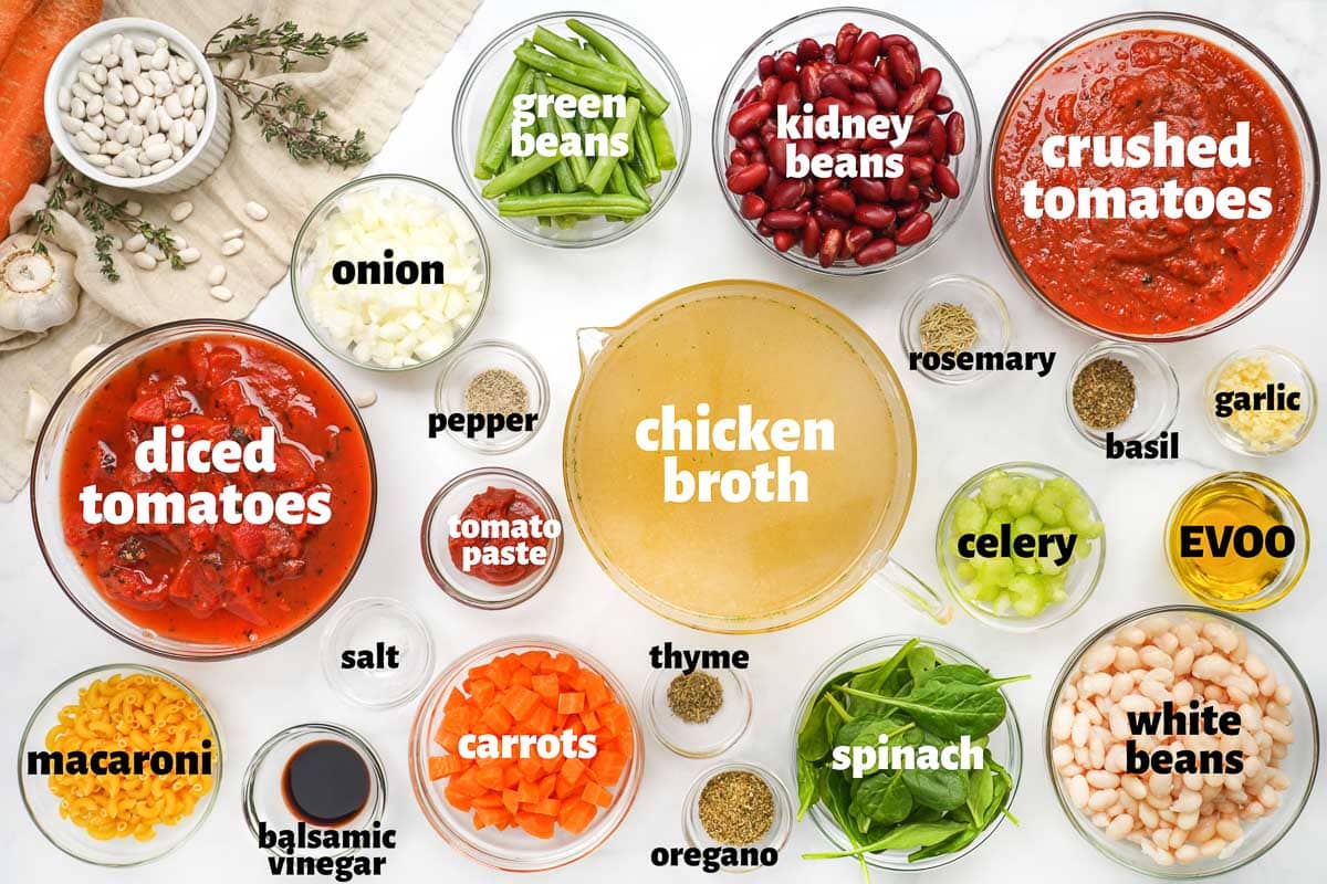 Labeled Minestrone Soup ingredients.