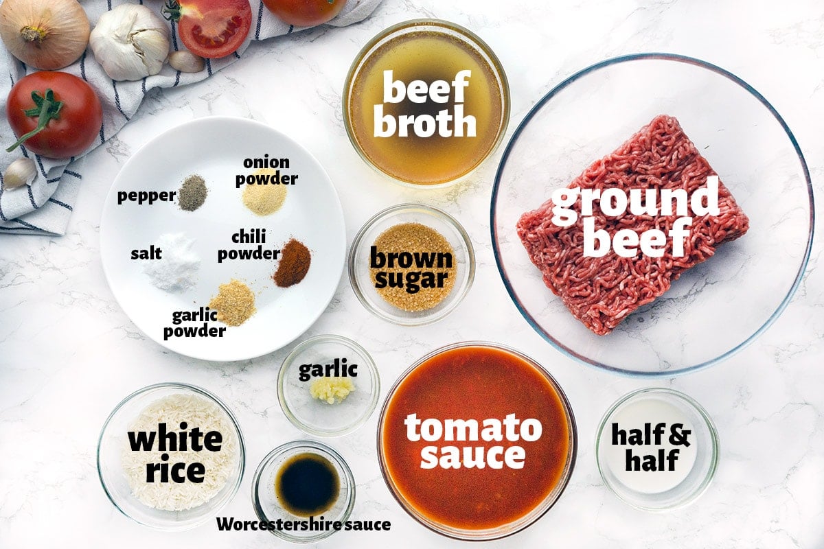 Labeled ingredients to make Porcupine Meatballs.