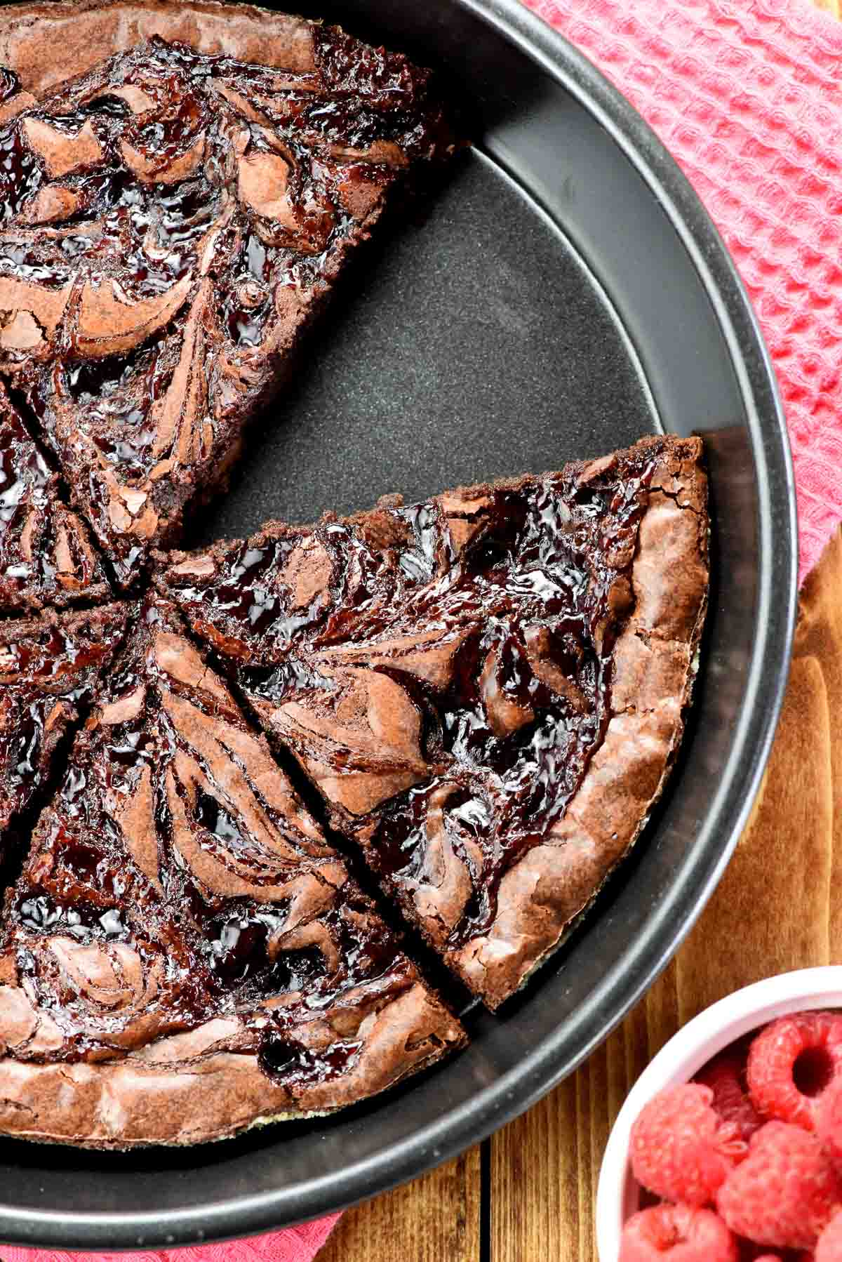 Aerial view of Raspberry Brownies in pan.