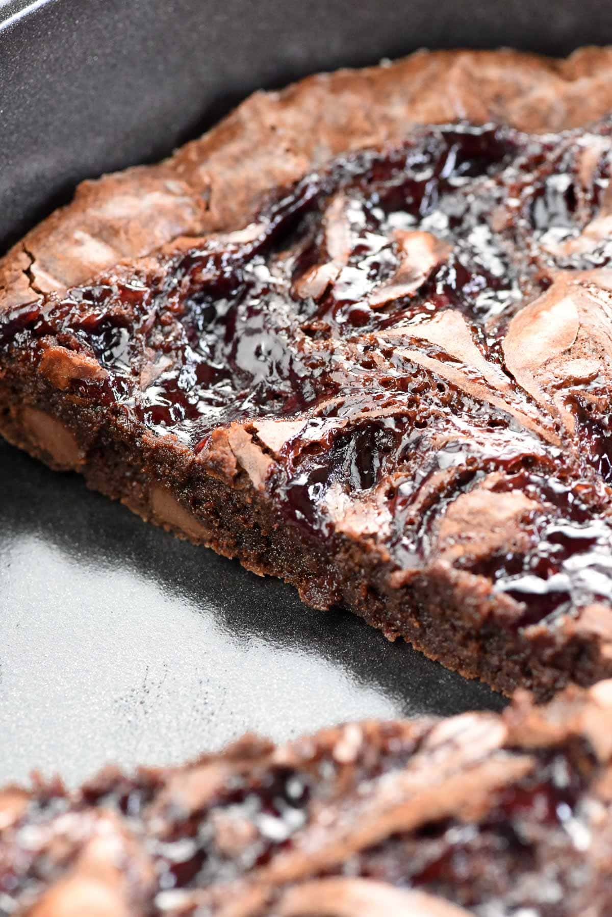 Close-up of homemade brownies in pan.
