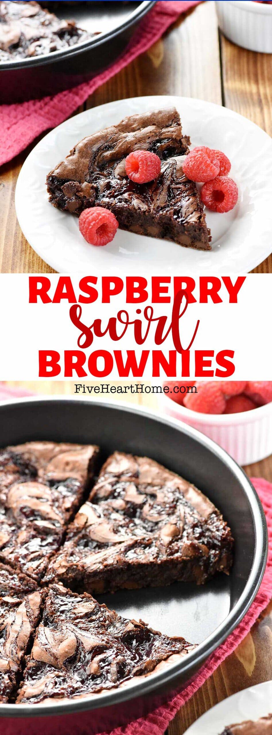 Raspberry Swirl Brownies ~ fudgy brownies are studded with chocolate chips, topped with raspberry preserves, and sliced into wedges in this rich, decadent dessert, perfect as a Valentine's Day dessert or for an anytime sweet treat! | FiveHeartHome.com via @fivehearthome